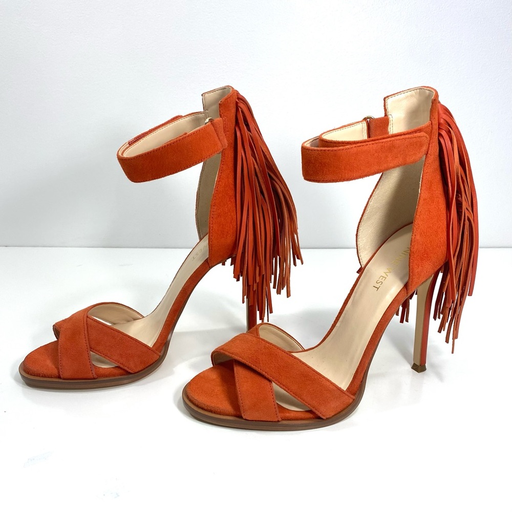 Nine West Hustle Orange Suede Leather Fringe Strappy Stilettos Heels Sandals 7